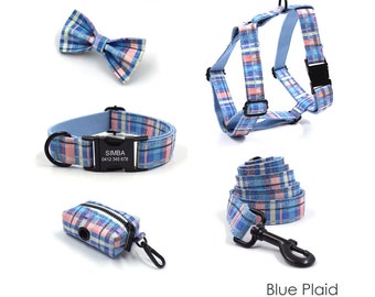 Custom Blue Plaid Personalized Dog Collar, Matching Dog Bowtie, Dog Leash, Dog Harness and Dog Poop Bag, Different Combo