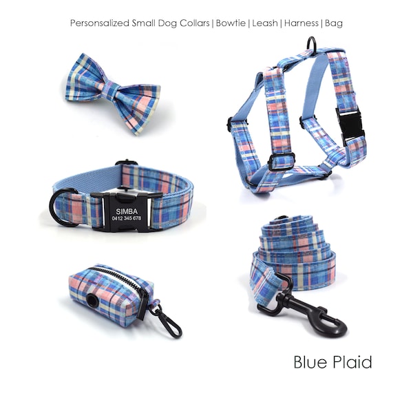 Custom Blue Plaid Personalized Dog Collar, Matching Dog Bowtie, Dog Leash, Dog Harness and Dog Poop Bag, Different Combo