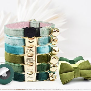 Personalized Cat Collar Green with Bell with Name, Velvet Collar, Bow Tie in Green Mint, Matcha, Metal or Breakaway Buckle Available