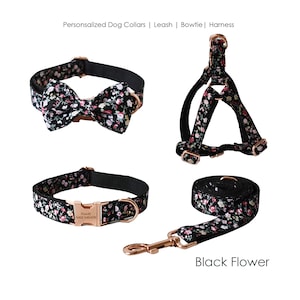 Personalized Engraved Handmade Black Floral Dog Collar or Dog Collar and Lead Set, Matching Bowtie and Step-in Harness Available