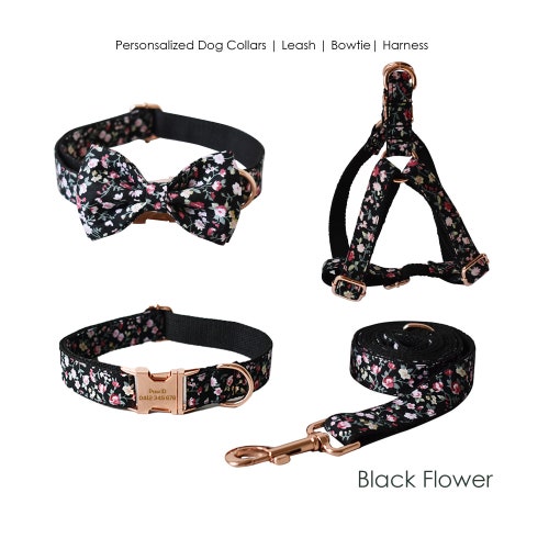 Collier de chien floral noir gravé à la main personnalisé ou collier de chien et ensemble de laisse, nœud papillon assorti et harnais étape disponible