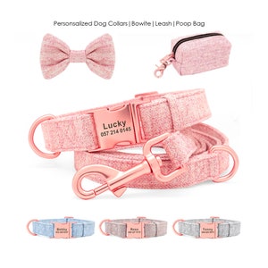 Personalized Laser Engraved Pastel Solid Color Dog Collar Rose Gold Plated buckle * Dog Bowtie, Dog Poop Bag Available