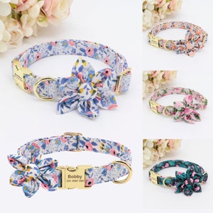 Personalized Engraved Handmade Dog Collar Or Leash Set with Matching Flower in Beige, Pink, Green, Blue and Floral Pattern