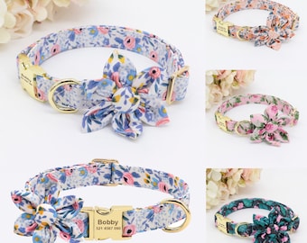 Personalized Engraved Handmade Dog Collar Or Leash Set with Matching Flower in Beige, Pink, Green, Blue and Floral Pattern