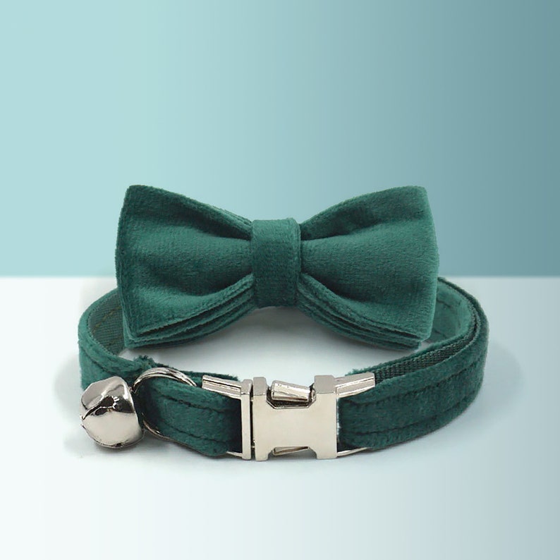 Cat Collar with Bell, Small Dog Collar in Turquoise Blue Green, Velvet Personalized ID Pet Collar, Bow Tie, Air Tag Holder, Different Combo image 6