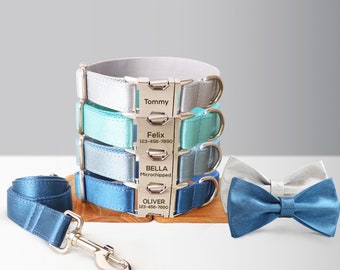 Personalized Satin Wedding Dog Collar with Name - Silver, Aqua, Haze Blue or Blue, Detachable Bowtie