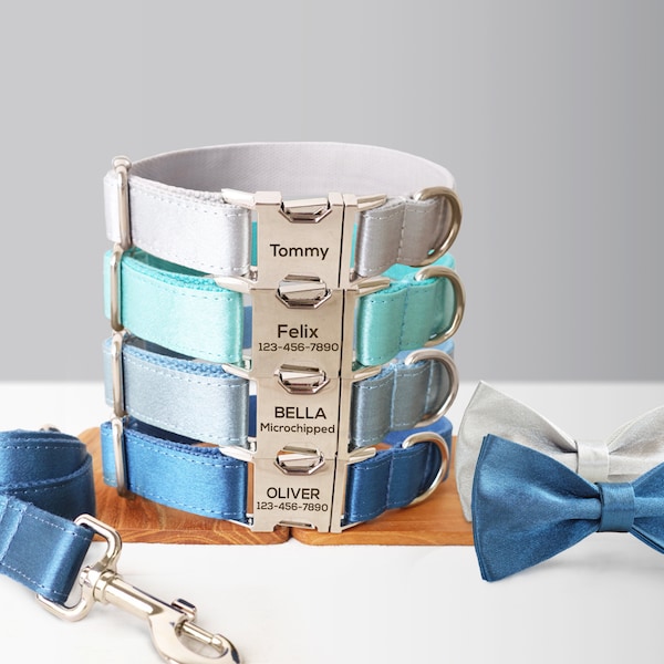 Personalized Satin Wedding Dog Collar with Name - Silver, Aqua, Haze Blue or Blue, Detachable Bowtie