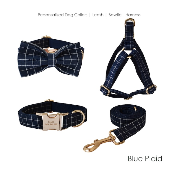 Personalized Engraved Handmade Blue Plaid Dog Collar or Dog Collar and Lead Set, Matching Bowtie and Step-in Harness Available