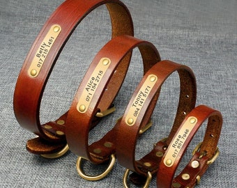 Leather Dog Collar Personalized Classic Genuine Brown Leather (Gold/Silver buckle) * Custom Dog Collar with Nameplate