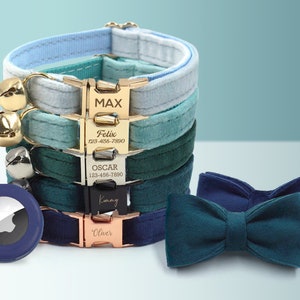 Cat Collar with Bell, Small Dog Collar in Turquoise Blue Green, Velvet Personalized ID Pet Collar, Bow Tie, Air Tag Holder, Different Combo image 1