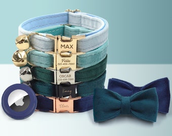 Cat Collar with Bell, Small Dog Collar in Turquoise Blue Green, Velvet Personalized ID Pet Collar, Bow Tie, Air Tag Holder, Different Combo