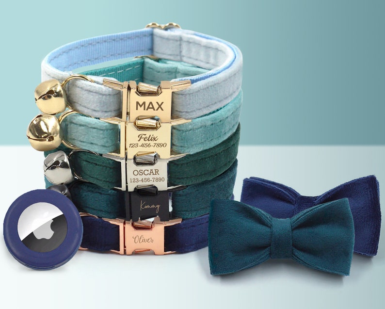 Cat Collar with Bell, Small Dog Collar in Turquoise Blue Green, Velvet Personalized ID Pet Collar, Bow Tie, Air Tag Holder, Different Combo image 1