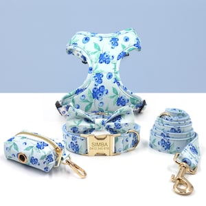 Personalized Handmade Engraved Dog Collar, Leash, Bowtie, Matching Harness in Blueberry Print Pattern, Trendy for All Seasons