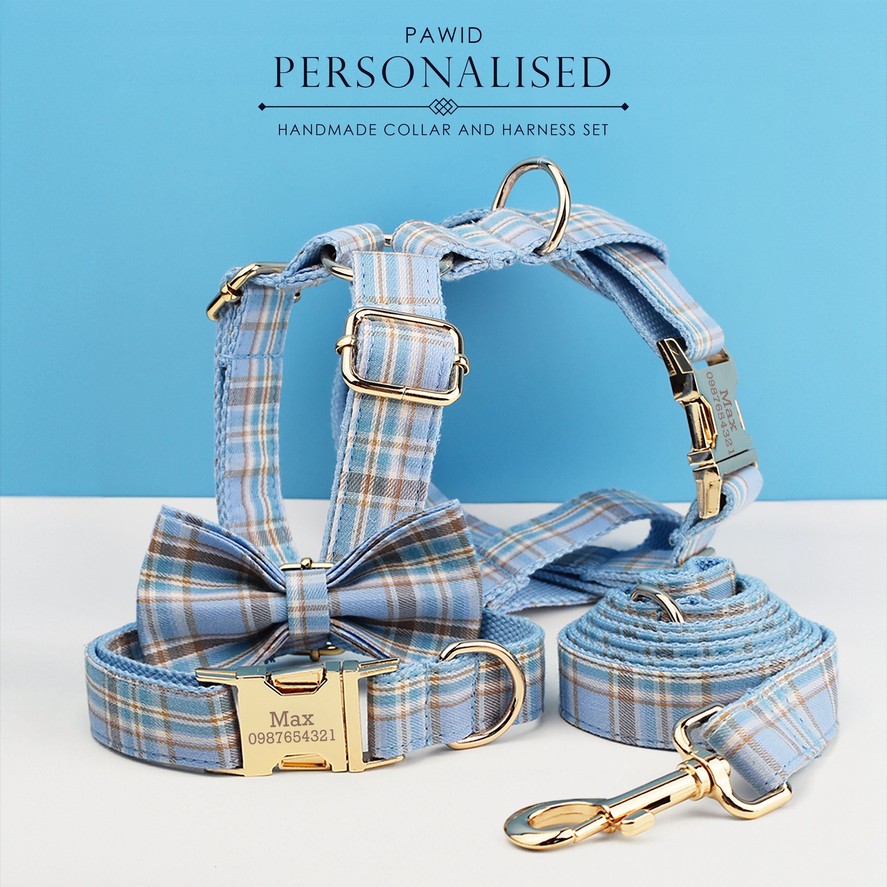 Kundenspezifisches blaues kariertes Hunde-Geh-Set, personalisiertes Hundehalsband, passende Hundefliege, Hundeleine, römisches Hundegeschirr, verschiedene Kombinationen