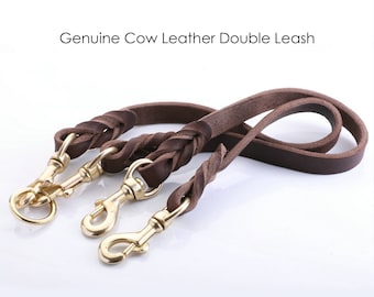 Two-way Genuine Real Leather Lead Splitter, Dog Coupler, Double