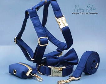 Collar de perro personalizado de oro azul marino personalizado, corbatín de perro a juego, correa de perro, arnés de perro y bolsa de caca de perro, combo diferente