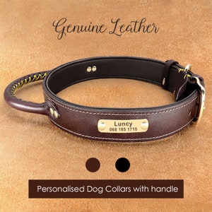 Personalized Leather Dog Collar with Handle, Custom Laser Engraved Genuine Leather Collar with Name for Medium to Large dogs