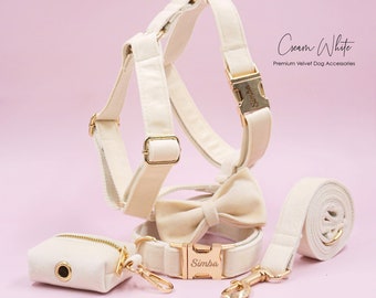 Custom Girl Cream White Personalized Dog Collar, Matching Dog Bowtie, Dog Leash, Dog Harness and Dog Poop Bag, Different Combo