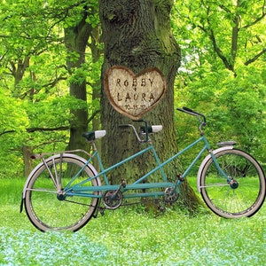 May include: A blue tandem bicycle with a wooden heart carved with the names "Robby + Laura" and the date "10-15-12" is parked in a forest setting.