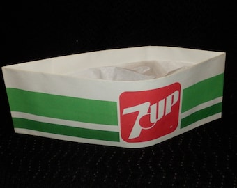 Vintage 7up Soda Fountain 7-UP Employee Paper Hat - NOS - Mint - Double Sided, - Advertising 7-Up Product on Both Sides
