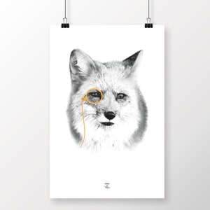 Poster to download - Hipster Fox - Customizable - Illustration, decoration, cute, black and yellow, retro, monocle