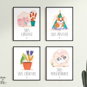 4 Posters to download "SOIS POSITIF" - illustration, child, inspiring phrase, cute animals, 3 versions (plural, male and female)