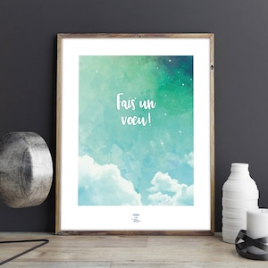 Poster to download "Make a wish!" - Quote, illustration, decoration, inspirational phrase, shooting star, dreams, wishes, marine turquoise