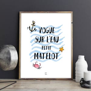 Poster to download "Vogue on the water little sailor" - Quote, child, sailor, seaside, sailor, crab, anchor, starfish, boy