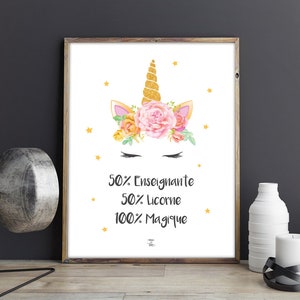 Poster to download "50 teachers 50 unicorns 100% magical", Gift for teacher, professor, educator, end of year gift