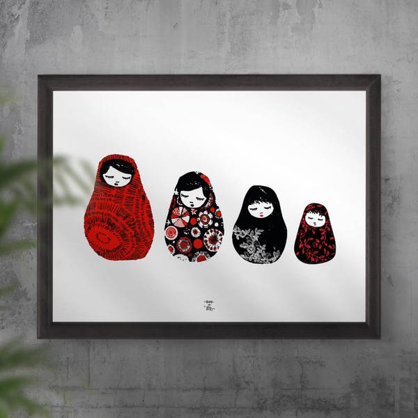 Affiche à télécharger - Poupées russes - Illustration, décoration, cute, 4 poupées russes, noir et rouge - Personnalisable