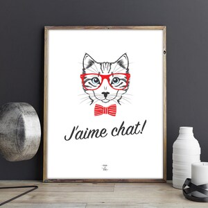 Poster to download "I love cat!" - Hipster cat - Quote, illustration, decoration, humorous, double meaning, black and red, retro