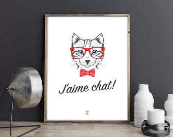 Poster to download "I love cat!" - Hipster cat - Quote, illustration, decoration, humorous, double meaning, black and red, retro