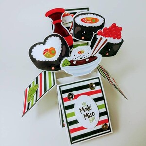 Japanese Food Lover Card,  Sushi Lovers pop-up card,  Kawaii sushi card, Card in a box sushi and miso, Boyfriend Gift