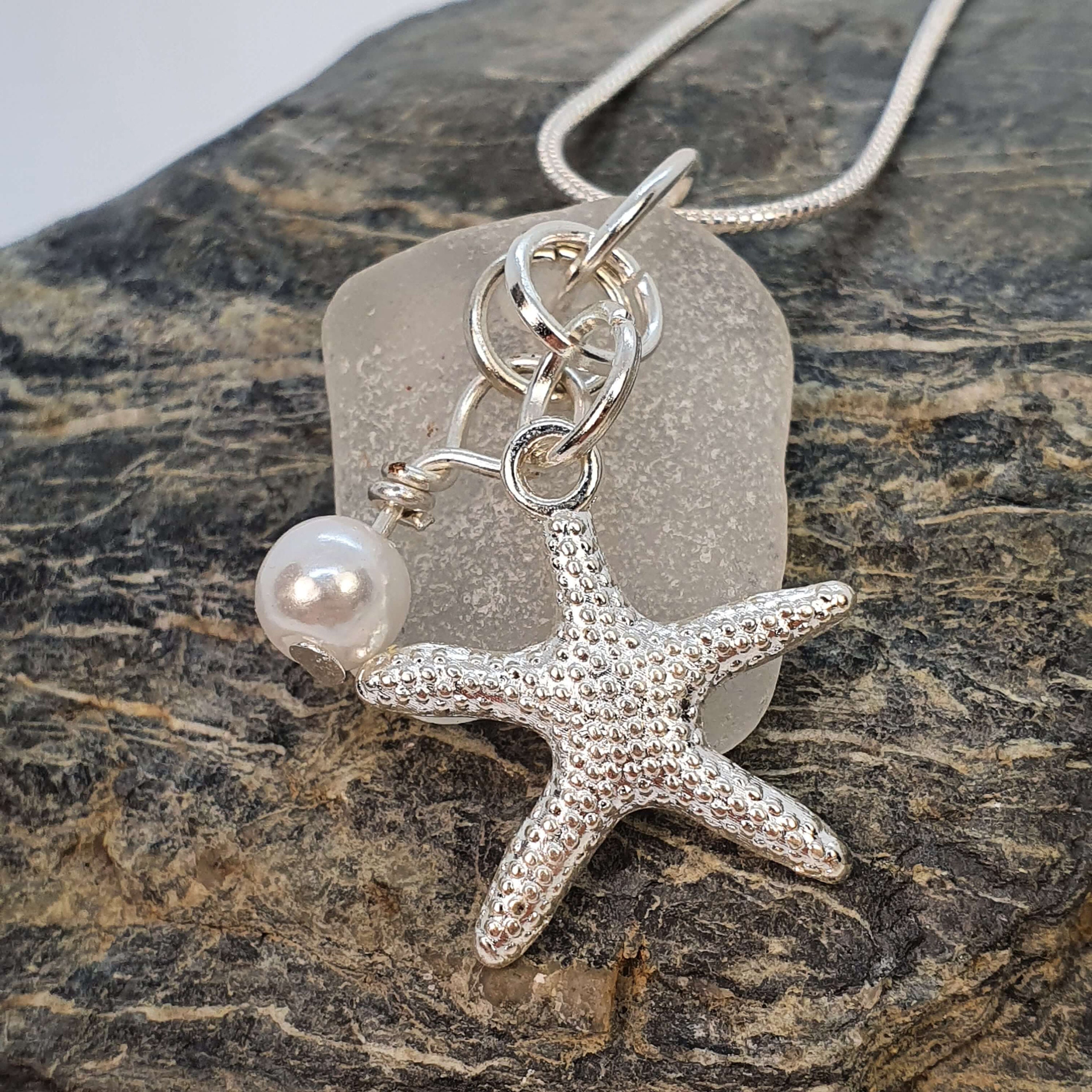Starfish and Pearl and White Sea Glass Pendant Necklace Handmade in Cornwall