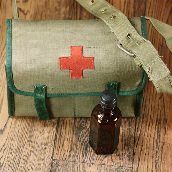 Vintage Military Medical Bag,Green Canvas Medical Bag,Waist Medical Bag,Emergency Bag,First Aid Bag,Army Red Cross Bag,Vintage Military Bag