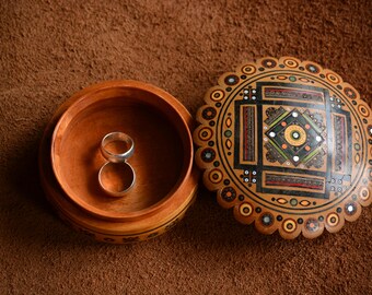 Wood Wedding Ring Box,Vintage Ring Box,Vintage Ethnic Wooden Box,Folklore Ring Box,Wedding Ring Box,Wedding Jewelry Box,Wood Circle Ring Box