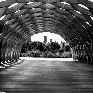May include: A black and white photo of a wooden structure with a curved roof. The structure is open on both ends, revealing a view of a city skyline in the distance.