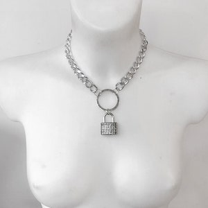 Chunky Edelstahl Kette Silber Halskette Strass Vorhängeschloss Anhänger Rave Festival Wear Statement Choker Halskette