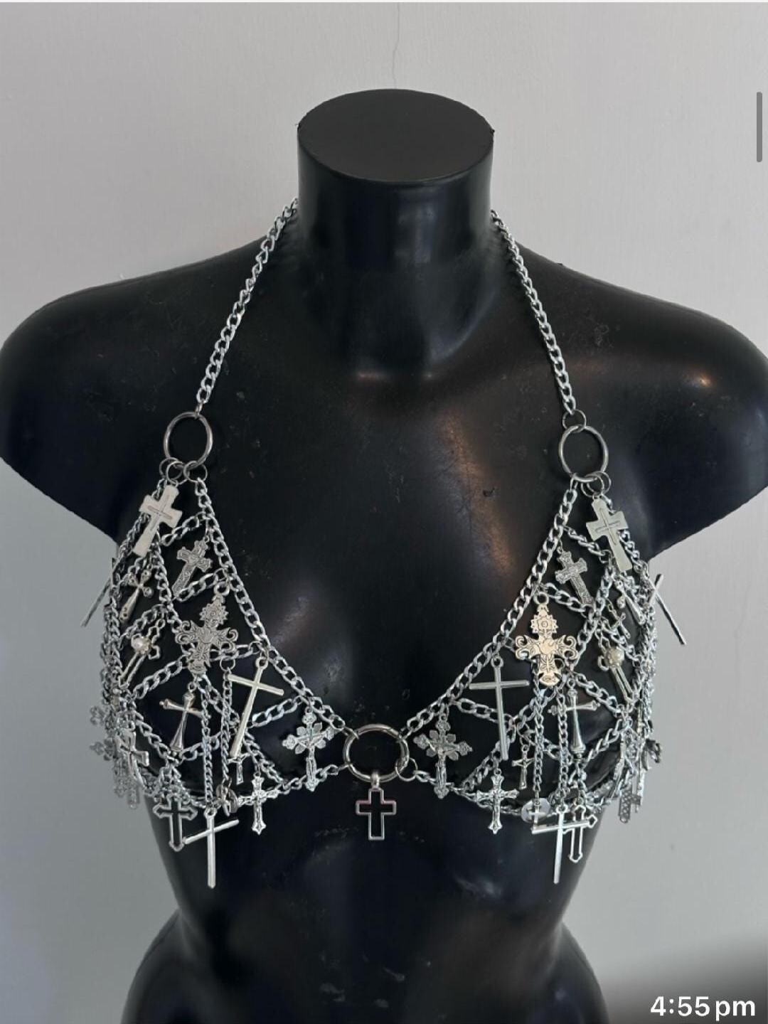 Handmade Crucifix Bra Bodychain Silver Chain Bra Bralette Bodychain ...