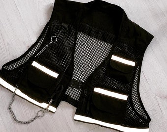 Womens Cropped Reflective Black Mesh Utility Vest  Rave Wear Streetwear, Retro Style  Y2K Urban Wear Vest Multi Pocket , Festival Wear,