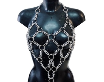 Handmade Bodychain Festival Crop Top Silver Chain Top Backless Halter Top Festival Burning Man Rave Wear Beaded Bra
