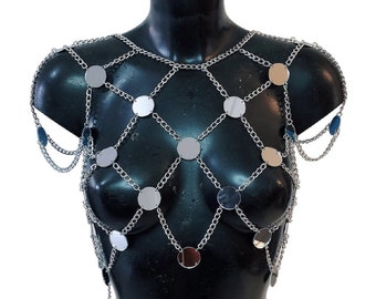 Handmade Festival Crop Top Silver Chain Sequin Perspex Mirror Discs Disco T-Shirt Top Festival Burning Man Rave Wear Short Sleeve Under Boob
