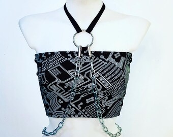 Geometric Black Silver Reversible Bandeau Boob Tube Stainless Steel O Ring Sliver Chains