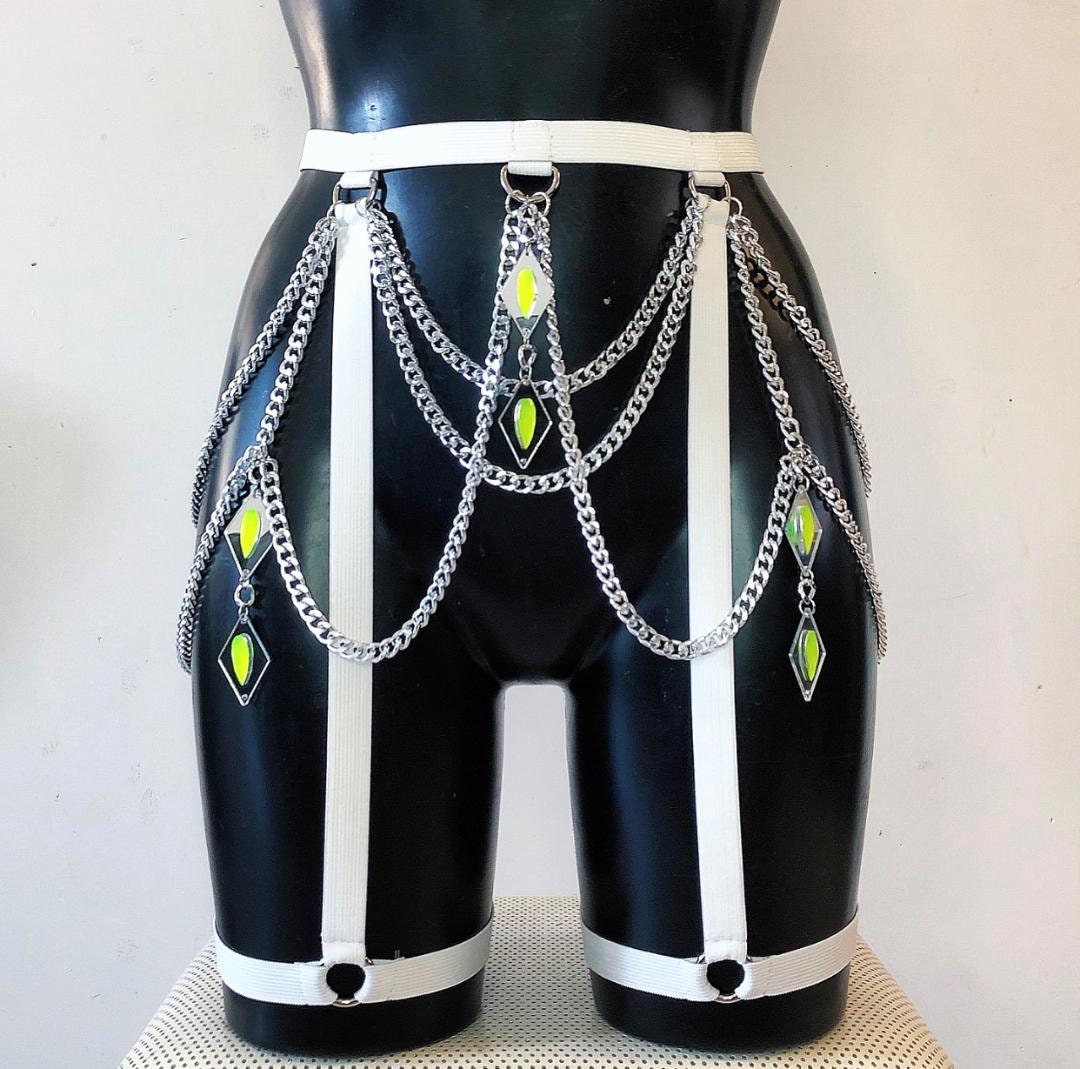 Multi Chain White Elastic Waist Chain Leg Garter Gothic Rave Wear Festival Wear Gothic Style EDC Leg Harness Festival Outfit Rave Outfit
