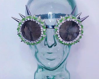 Neon Green  Crystal Rhinestone Festival Silver Spiked Burning Man Costume Goggles Glasses