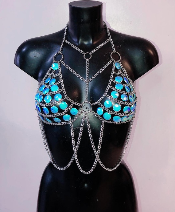 Holographic Sliver Chain Iridescent Halter Top Body Chain Festival Body  Chain Burning Rave Festival Fashion Chain Bra Clothing Accessories 