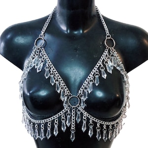 Handmade Festival Bra Crystal Glass Silver Chain Bra Bodychain Gemstone Bra Beaded Bra Rave Wear Bikini Bra Bead Bralette