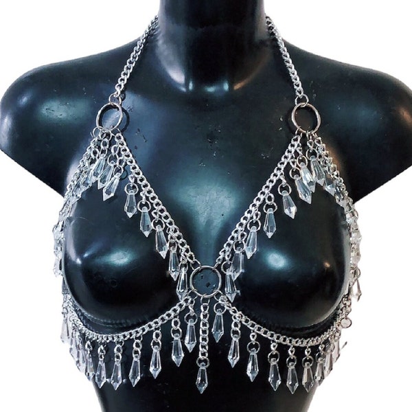 Festival Bra Crystal Glass Silver Chain Bra Bodychain Chain Harness EDC Steampunk Burning Man Goth EDM Rave wear Bikini wear Festival wear