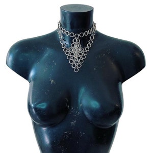 Stainless Steel Statement Gothic Choker Necklace Perspex Silver Double Crucifix Cross Multi Chain Chainmail Drop Chain Necklace Waterfall