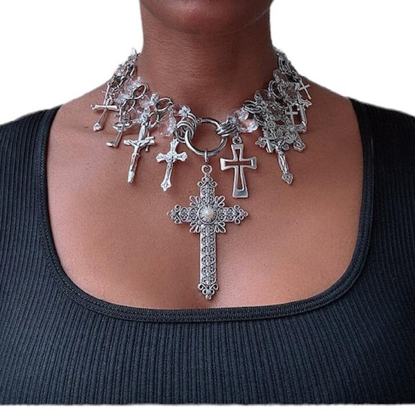 Silver Multi Layered Clear Crystal Statement Choker Necklace Pearl Crucifix Cross Multi Pendant O Ring Gothic Style Festival Chainmail Goth